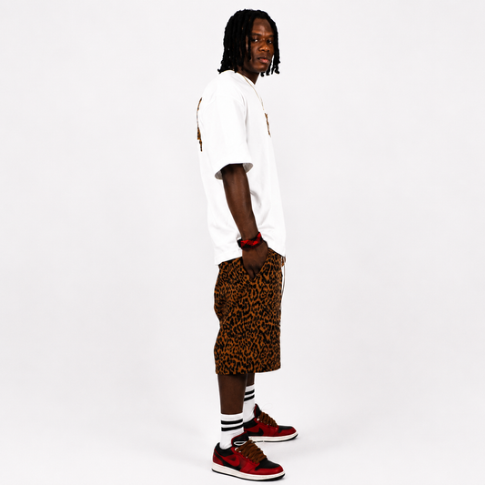 Ensemble t -shirt oversize à col rond brodé léopard & short élastique léopard