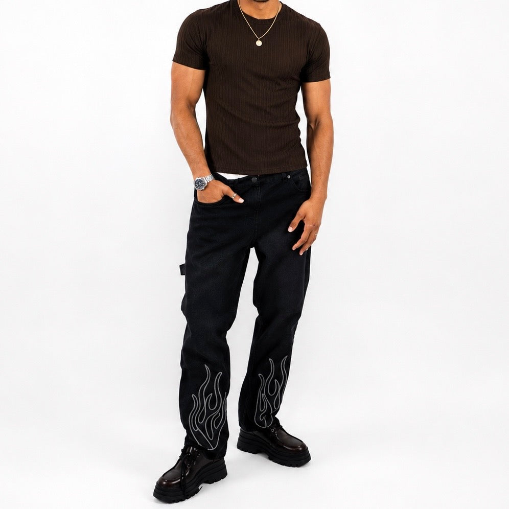 Jean Denim avec brodé Flame Noir – Streetwear Premium