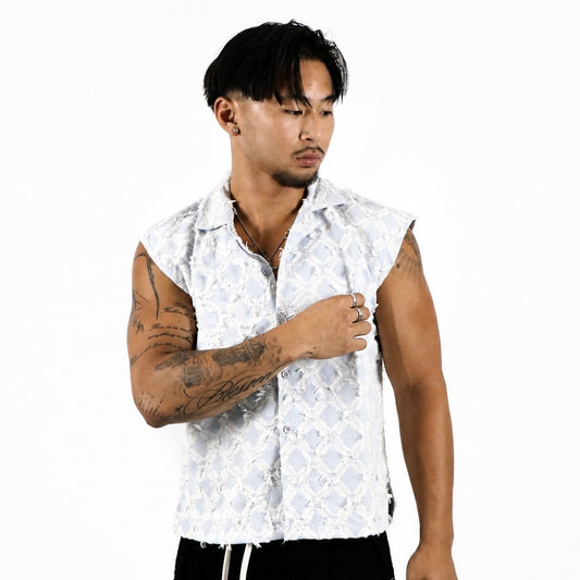 Chemise sans manche ciel & blanc avec plume