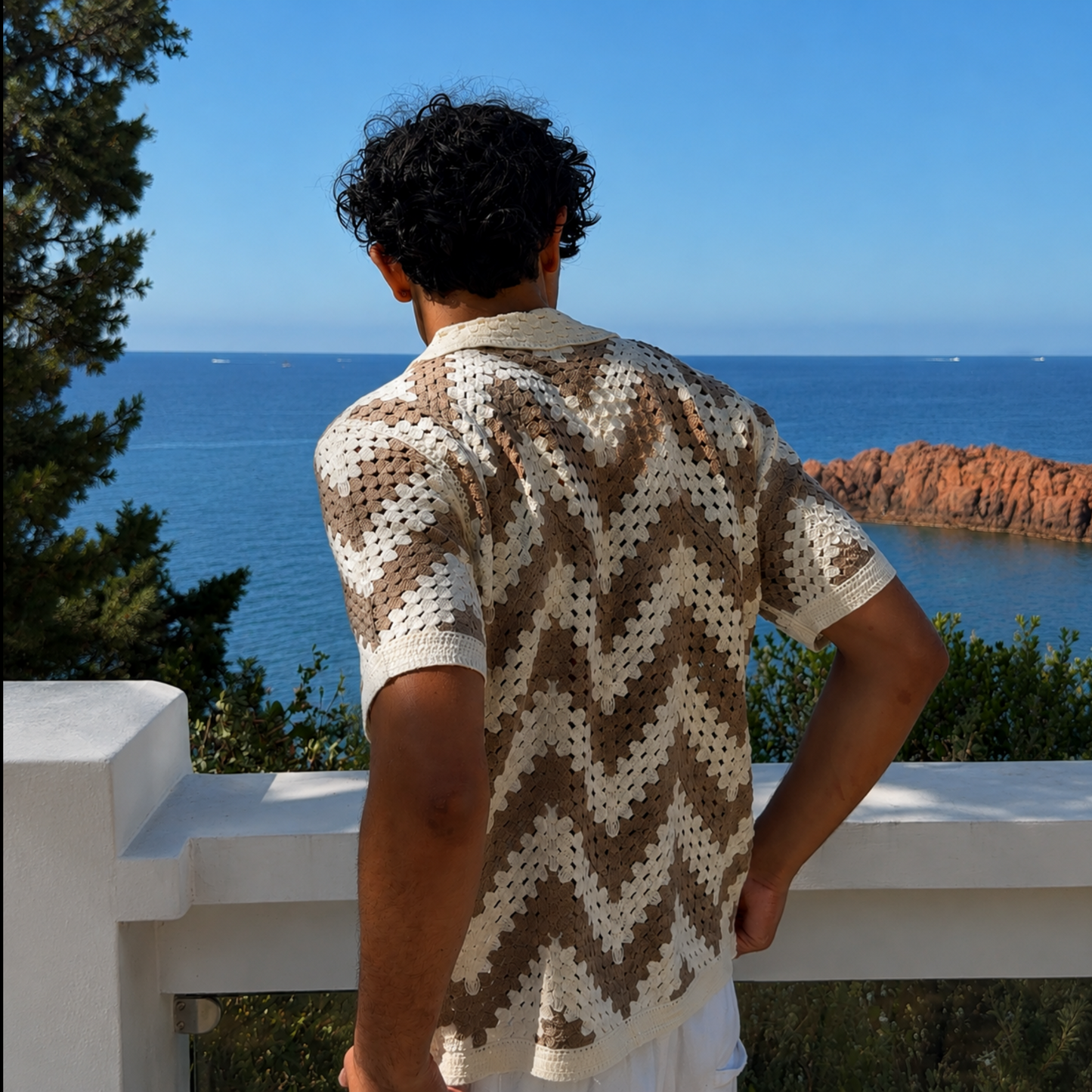 Chemise Crochet Beige & marron à Motif Zigzag