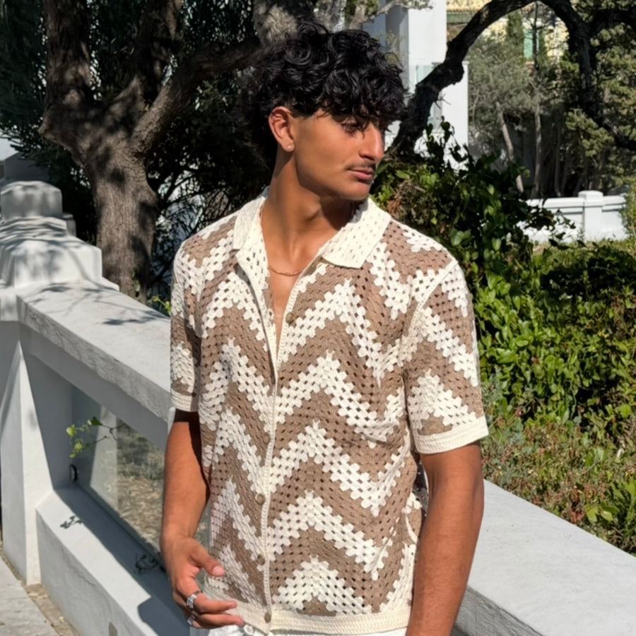 Chemise Crochet Beige & marron à Motif Zigzag