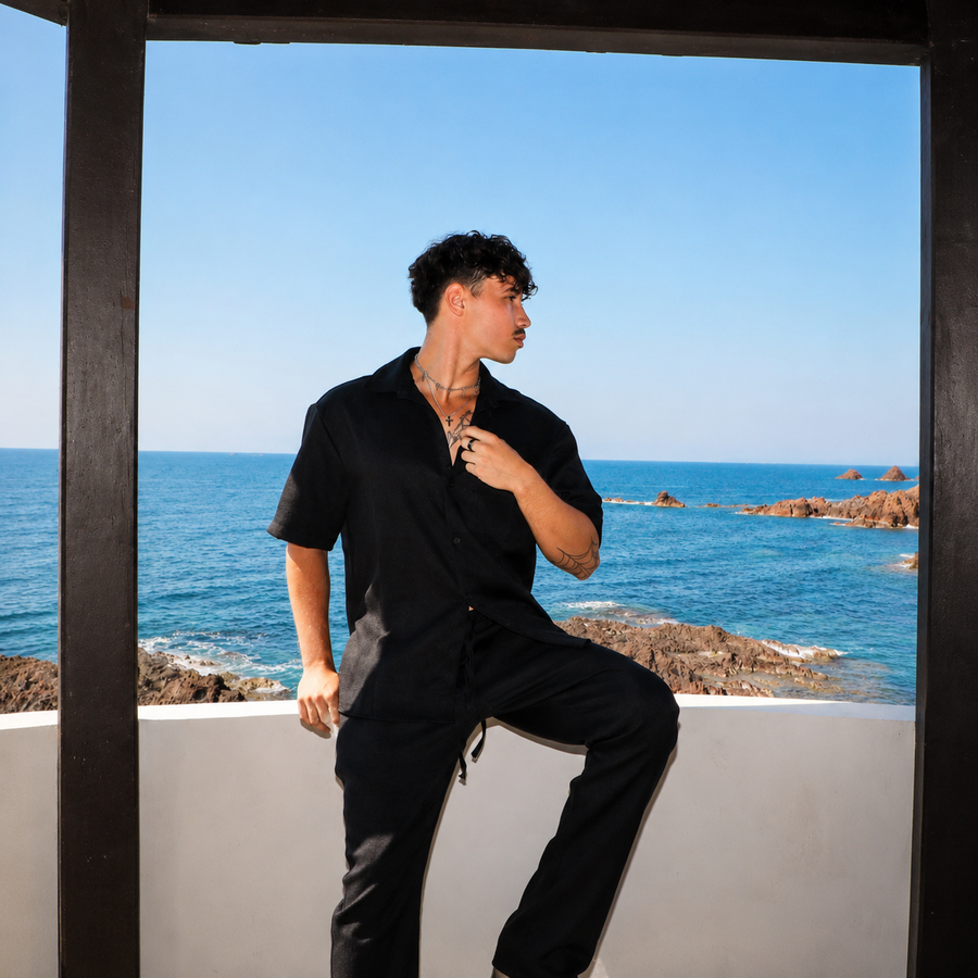 Ensemble chemise manche courte  & pantalon noir-Élégance