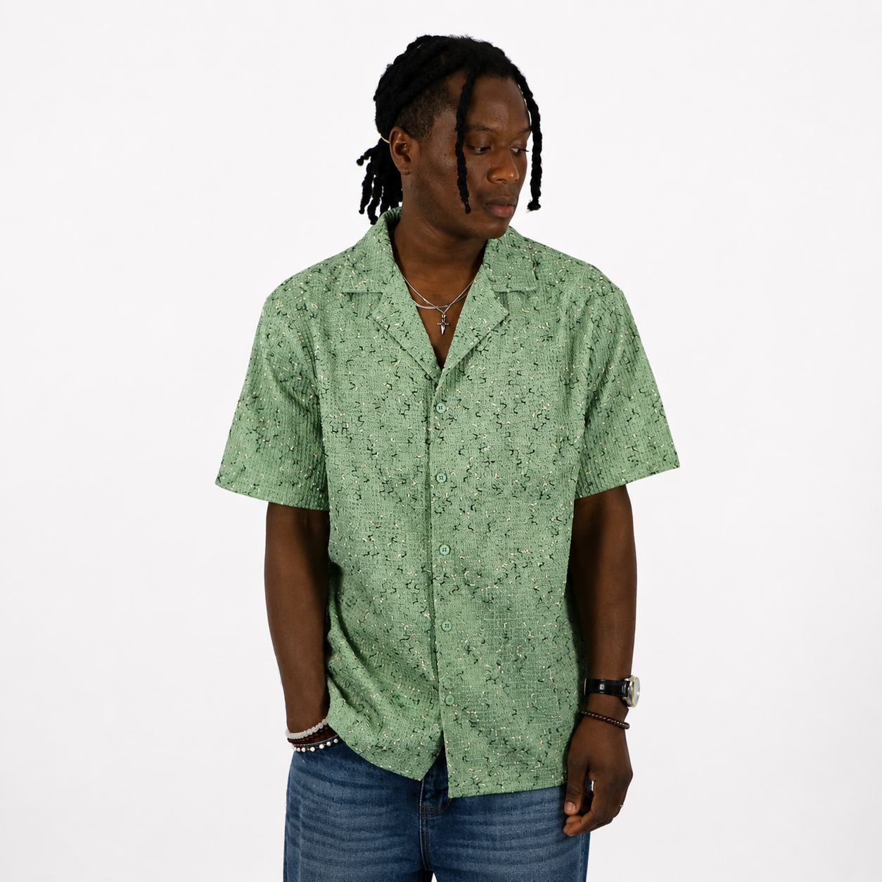 Chemise oversize texturée à manches courtes vert sauge