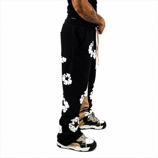 Pantalon Jogger Évasé Noir à Imprimé Floral – Streetwear