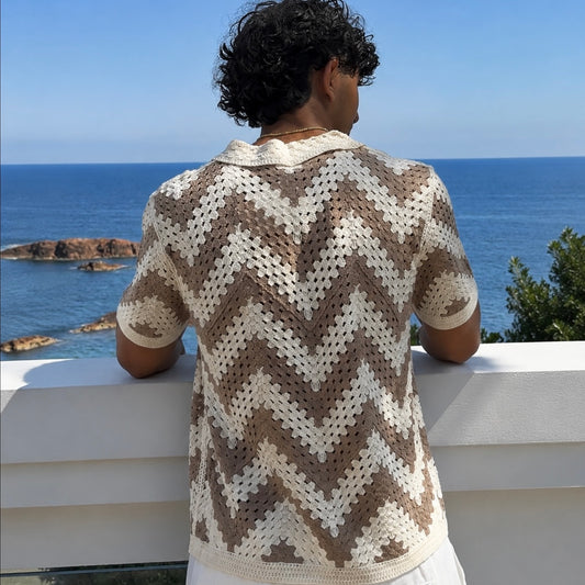 Chemise Crochet Beige & marron à Motif Zigzag