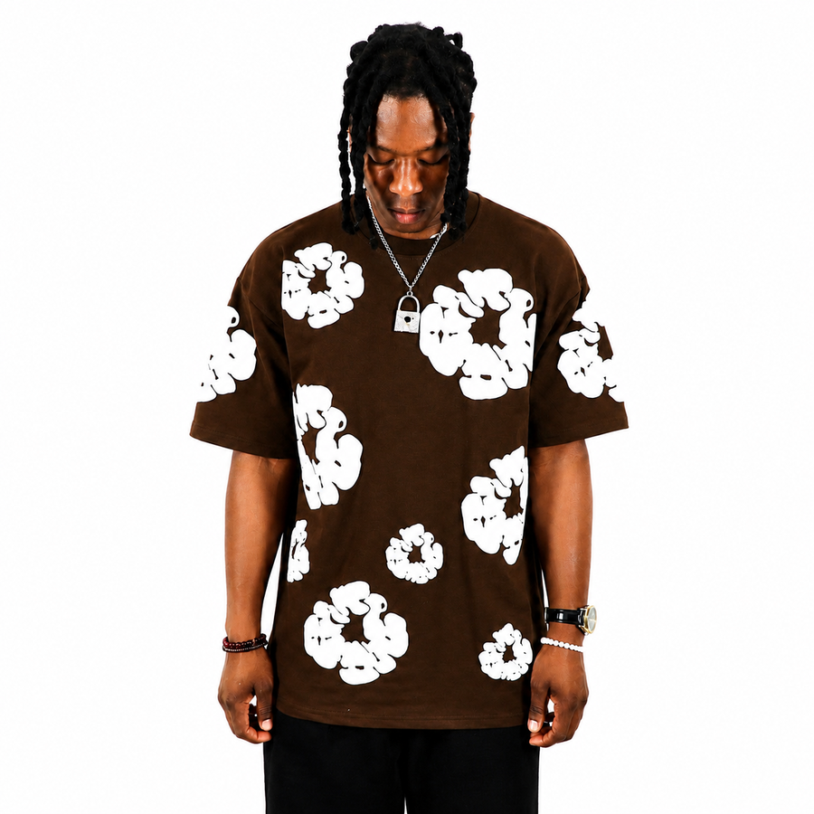 T-shirt oversize marron a motif florale